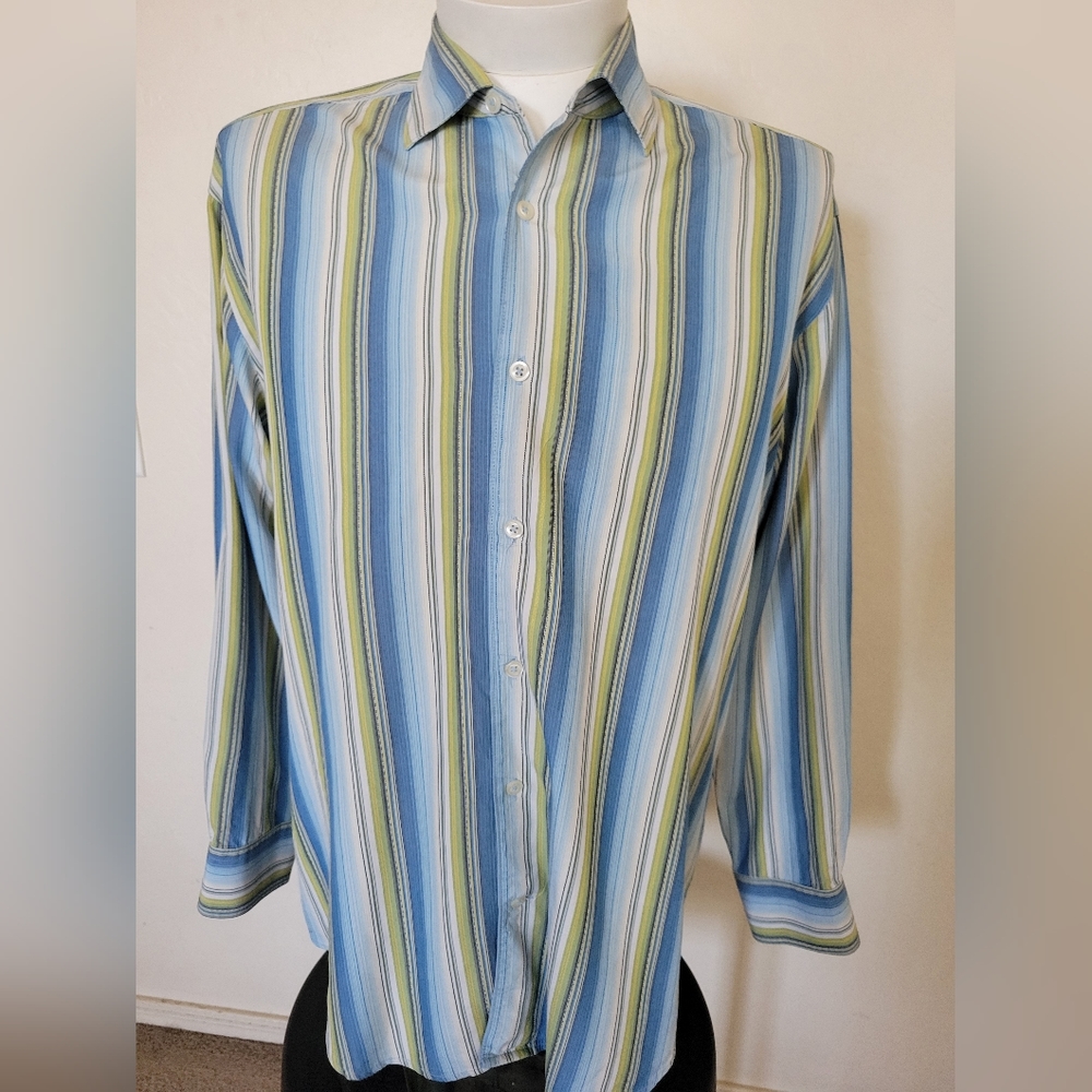 Tommy Bahama Blue and Green Striped Long Sleeve Button-Down Shirt